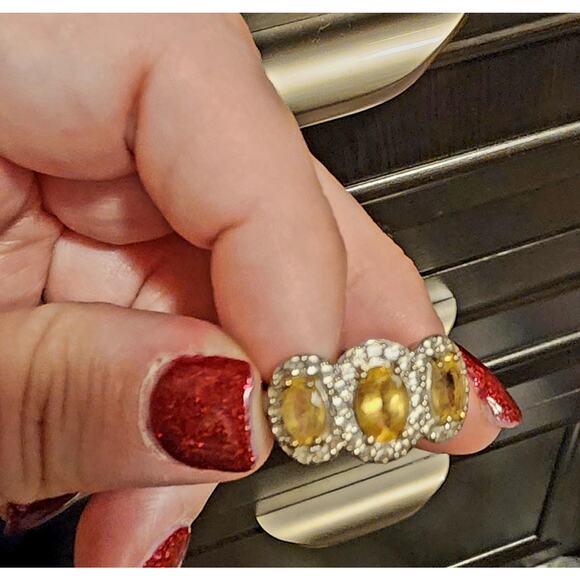 Citrine Halo Ring Size 8/Citrine Three Stone Ring/Oval Cut/ White Topaz Halo - Picture 1 of 6